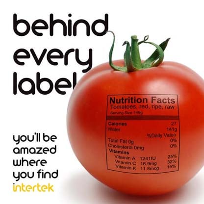 A tomato with a red nutrition label printed on its skin